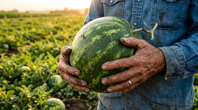 Farmer holding a freshly harvested watermelon in a field during sunset, representing organic farming