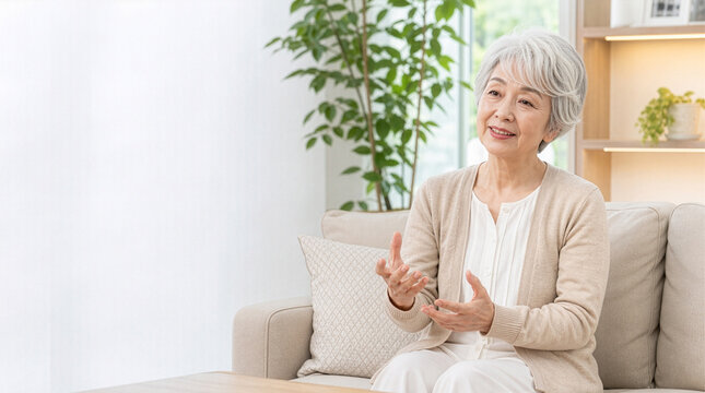 穏やかな笑顔でインタビューに答える親しみやすい日本人シニア女性
Friendly senior Japanese woman answering an interview in a bright modern living room