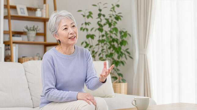 穏やかな笑顔でインタビューに答える親しみやすい日本人シニア女性
Friendly senior Japanese woman answering an interview in a bright modern living room