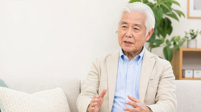 穏やかな表情でインタビューに答える信頼感のある日本人高齢男性
Trustworthy senior Japanese man speaking calmly during an interview