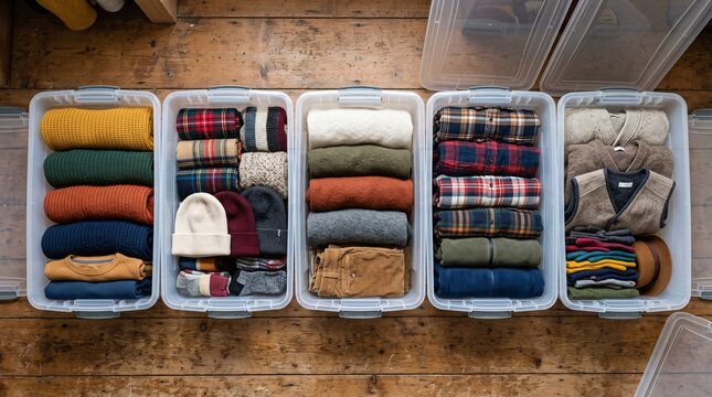 Sweaters packed in plastic storage bins. Organizing winter clothes for seasonal storage.