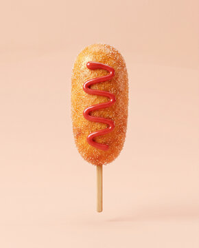 3d clay style korean hotdog with sugar and ketchup