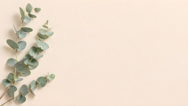 Top view of fresh eucalyptus branches arranged on a clean beige desk background with generous copy space. Minimal botanical flat lay perfect for branding, websites, presentations, social media, advert
