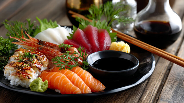 Beautiful Japanese sushi sashimi platter provides fresh and delicious gourmet cuisine experience. traditional seafood arrangement, appealing and ready to eat, truly represents culinary delight