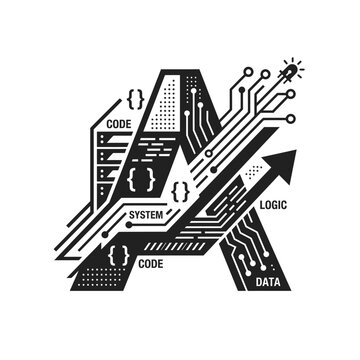 Letter A Tech Logo Concept with Circuitry and Software Elements