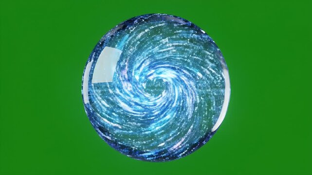 Transparent Sphere with Swirling Data Streams on Green Screen - A crystal-clear sphere displays a mesmerizing vortex of blue and white data streams, presented against a solid green background.