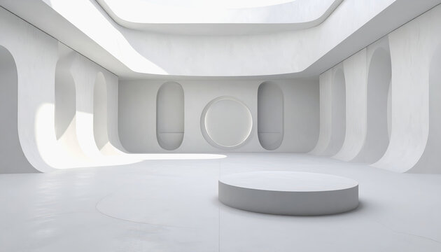Minimalist white futuristic interior space with curved walls and a circular opening, illuminated by natural light