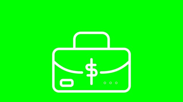 Simple white briefcase icon with dollar sign on green screen background.