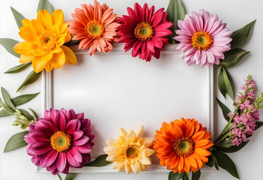 Colorful flower frame with gerbera daisies on white background