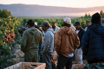 Obraz premium A group of men stand in a vineyard discussing as the sun sets, capturing the spirit of collaboration and the essence of agricultural life in a picturesque environment.