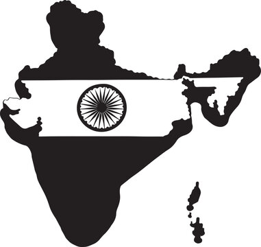 Black silhouette map of India with the national flag wheel design