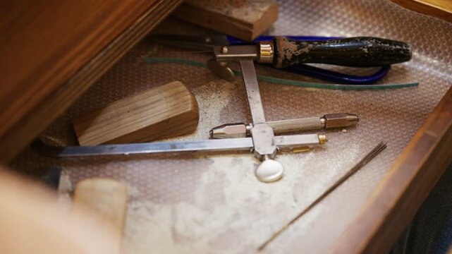Jeweler opening a workbench drawer with tools
