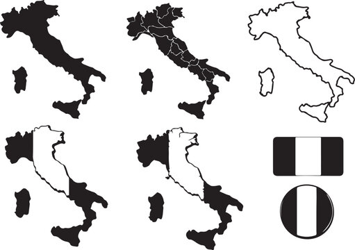 Set of Italy maps and flag icons in black and white