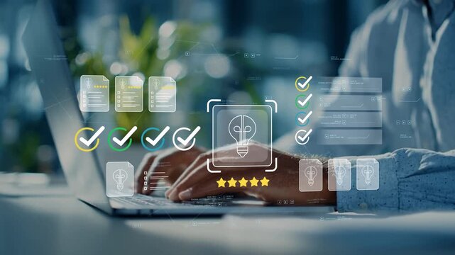 Business executive creating innovative solutions with animated light bulb icon, product development workflow, creative strategy dashboard and enterprise innovation software