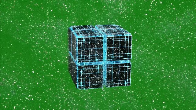 Digital Cube Dissolving and Reforming Green Screen Background - A futuristic cube composed of reflective panels and illuminated by blue light dissolves into particles against a green screen
