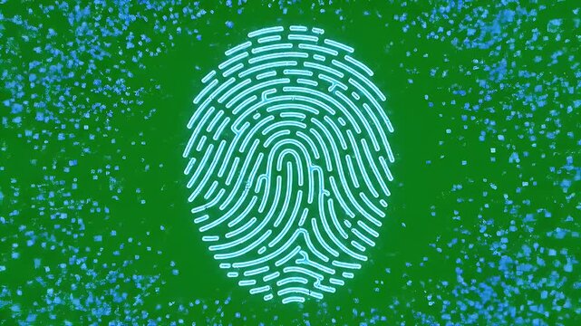 Digital Fingerprint Dissolving into Pixels on Green Screen - A glowing blue digital fingerprint is shown dissolving into a cloud of blue pixels against a vibrant green screen background.