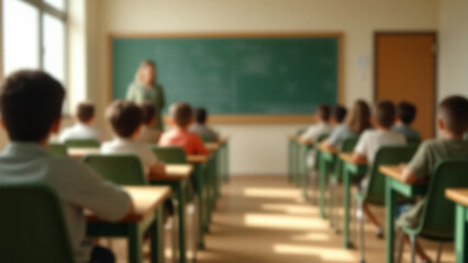 Obraz premium A blurry image from the back of an elementary school classroom shows students facing forward, while a teacher stands near a whiteboard teaching.