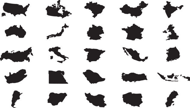 Set of black silhouette country maps on a white background