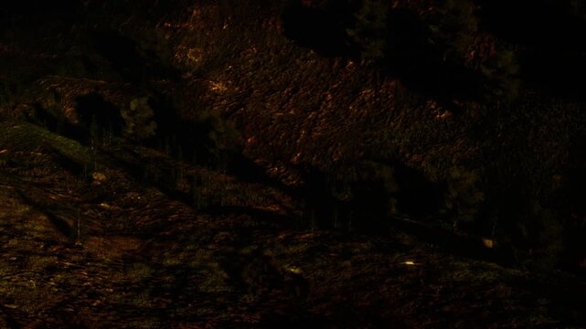 The sun sets behind the hills, casting long shadows across the ground. Trees and foliage create a dark pattern on the landscape. Colors shift as evening approaches.