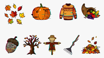 Naklejka premium Autumn Season Vector Icon Sheet with Fall Leaves, Pumpkin, Sweater, Cornucopia, Acorn, Bare Tree, Scarecrow, Rake, and Leaf Pile, Graphic Resources Set
