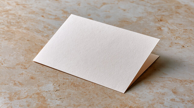 Blank greeting card folded in half resting on patterned marble surface.