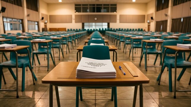 Large examination hall with rows of desks and test papers