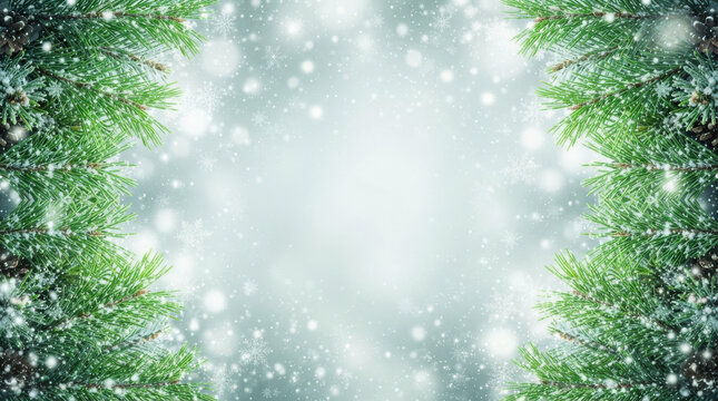 Christmas background with pine branches and falling snow