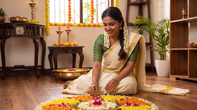 Indian woman arranging colorful flower petals for a traditional festival decoration in a bright indoor setting with decorative elements