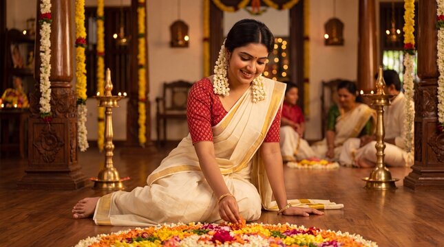 Indian woman arranging colorful flower petals for traditional festival decoration in a beautifully adorned indoor setting with family members
