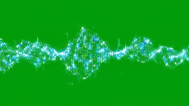 Digital Network Wave on Green Screen - A glowing, blue digital network wave composed of binary code flows horizontally across a vibrant green screen background.