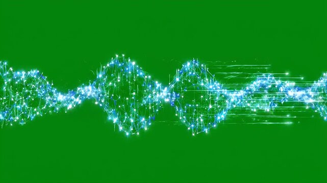 Abstract Digital Network Wave on Green Screen - A glowing blue and white abstract digital network forms a wave across a vibrant green screen background.