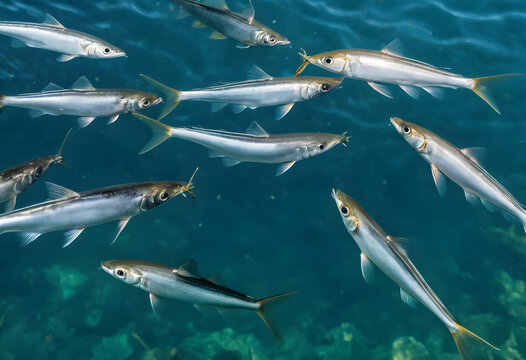 School of capelin fish swimming in clear ocean water