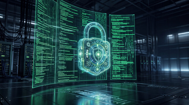 Futuristic cybersecurity concept featuring a glowing shield with padlock symbol in front of green programming code. Represents encrypted information, firewall protection, secure digital networks, priv