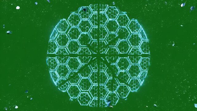Digital Shield Breaking Animation - This animation showcases a digital shield breaking apart, with glowing hexagonal patterns and fragments scattering against a green screen background.