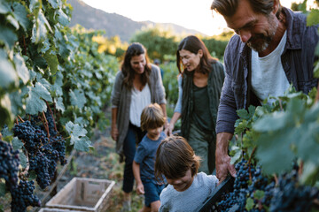 Obraz premium A joyful family gathers grapes in a vineyard, showcasing a beautiful sunset in the background. Laughter and teamwork fill the air as they enjoy the harvest together.