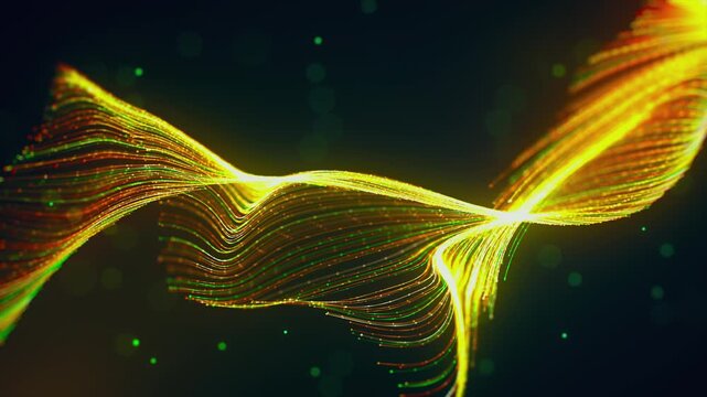 Abstract technology animation with glowing golden particle strands, flowing dotted lines, smooth turbulence, luminous energy, reverse motion effect, soft bokeh, and seamless Loop playback.