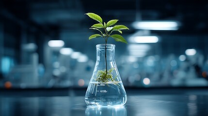 Obraz premium A modern science image showing a plant growing inside a lab flask