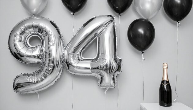 Silver Number 94 Balloon with Champagne Bottle Celebration Setup
