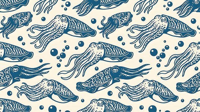 Hand drawn navy blue cuttlefish and bubbles seamless pattern