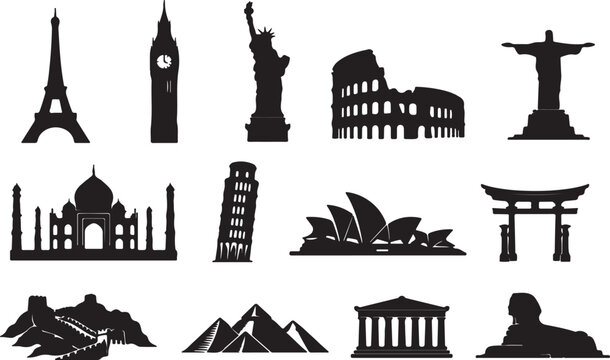 Set of black silhouettes of famous world landmarks and monuments