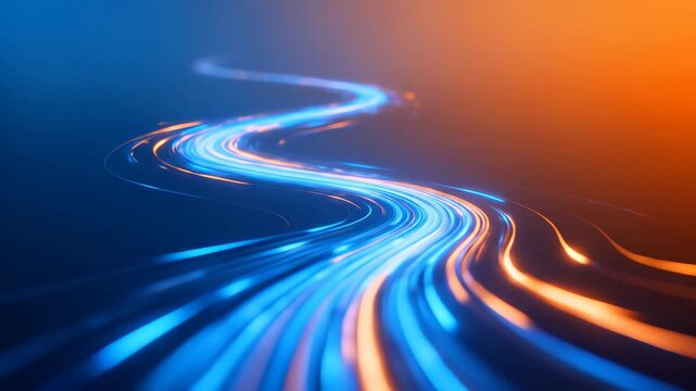 Abstract Digital Flow Background Featuring Dynamic Blue and Orange Glowing Light Trails for Modern Technology and Connectivity Concepts