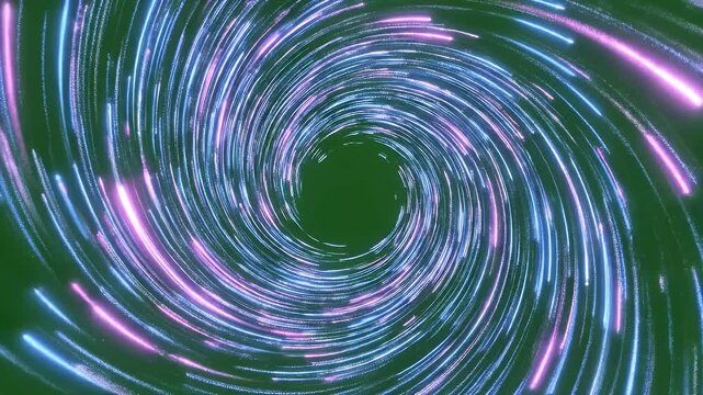 Glowing Swirling Vortex Tunnel - A digital vortex spins with glowing lines of blue and pink light against a green screen background.