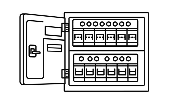 Electrical panel with open door and circuit breakers black line silhouette breaker power energy distribution switchgear fusebox