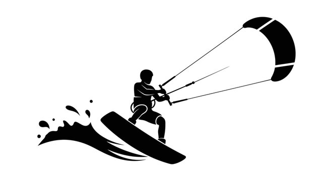 Kitesurfer riding a wave with a kite depicted as a black silhouette kitesurfing kiteboarding windsurfing watersports sport