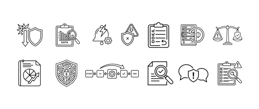 Risk Management Flat Line Art Icons Collection on Transparent Background, risk management, contingency plan, disaster recovery, risk mitigation, process optimization, incident response, risk review, 