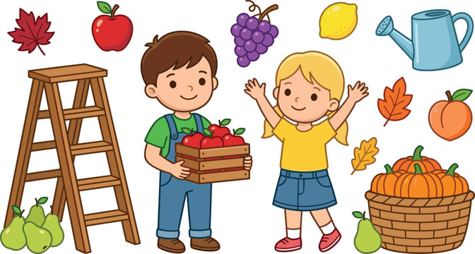 Cute Autumn Harvest Kids Collection with Apple Picking, Pumpkins, Pears, Grapes, Watering Can, and Fall Farm Elements for Vector Designs