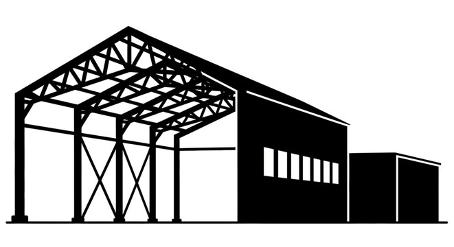 Industrial building with open canopy structure black and white silhouette structure factory warehouse shelter roof architecture exterior
