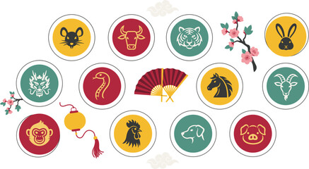 Chinese zodiac animal circle icons vector set featuring rat ox tiger rabbit dragon snake horse goat monkey rooster dog pig © Md