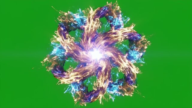 Abstract Energy Burst Chroma Key Animation - A vibrant, abstract energy shape explodes outwards against a green screen background, showcasing fluid, morphing tendrils of light.