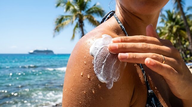 Woman applying sunscreen on tanned shoulder. Summer skincare protection at the beach.